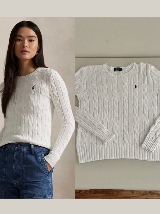 Polo Ralph Lauren Sweaters - Polo Ralph Lauren White Cable Knit Cotton Crewneck Sweater Medium Preppy Classic